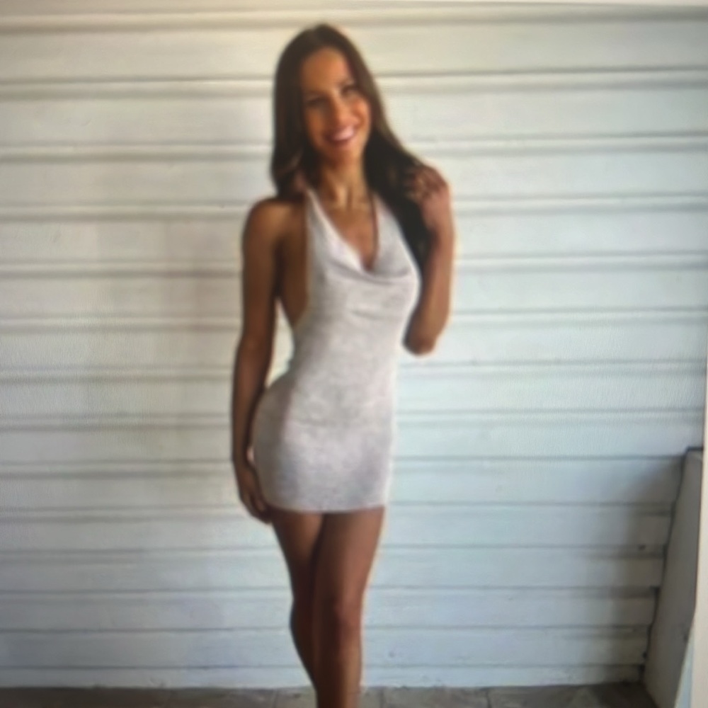House of CB Saffron Stone Cowl Neck Crochet Dress in Silver NWT Coverup w/Box